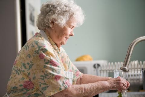 Elderly woman does the dishes